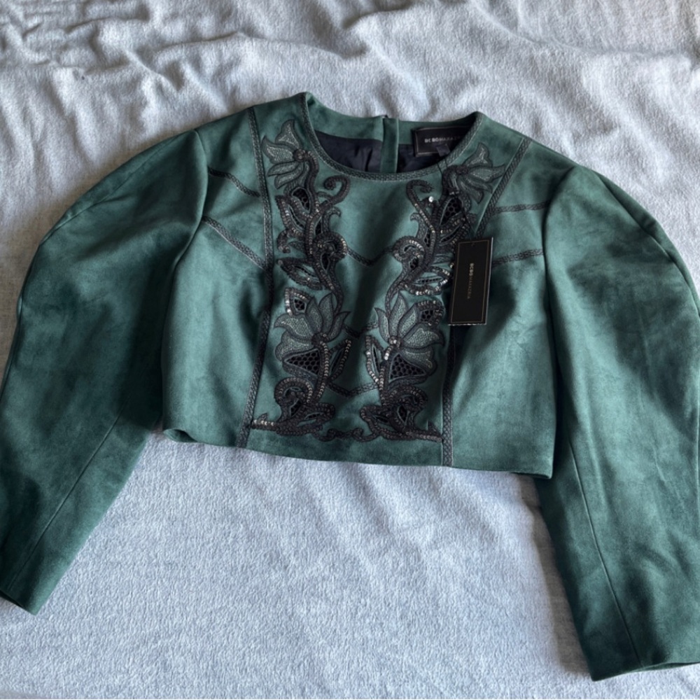 BCBGMAXAZRIA Forest Green full zip sequin embellished floral blouse